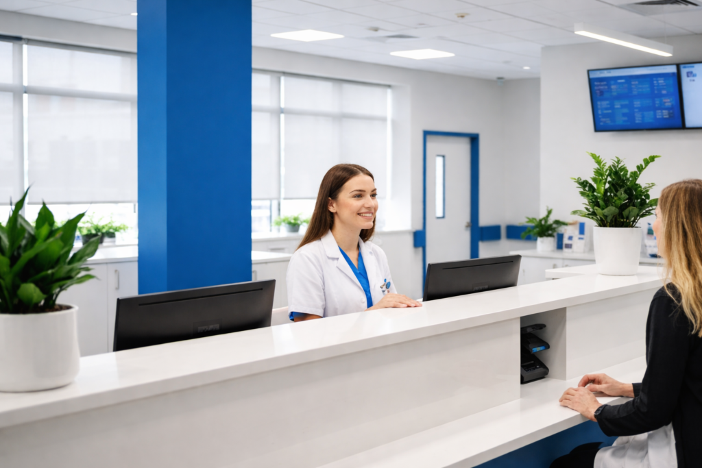 Recepcionista en clínica atendiendo paciente mientras sistema de inteligencia conversacional Invokka analiza calidad del servicio y experiencia del usuario.