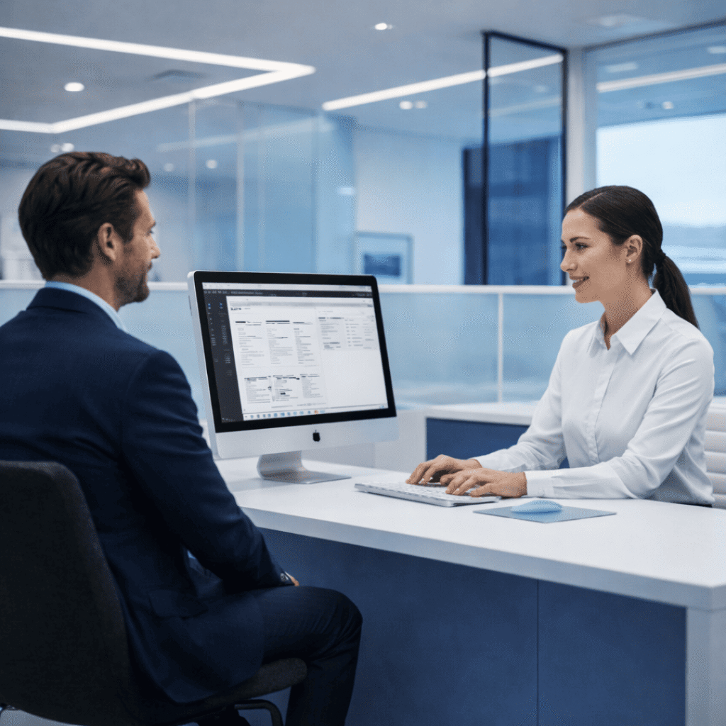 Asesora atendiendo a cliente en oficina mientras utiliza sistema de inteligencia conversacional Invokka para analizar interacción y calidad del servicio.