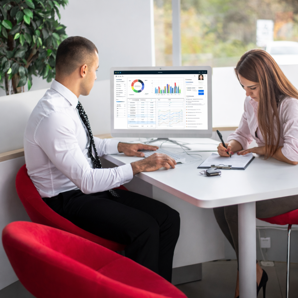 Profesional revisando dashboard de inteligencia conversacional Invokka con métricas de calidad y desempeño del servicio al cliente mientras asesora toma notas.